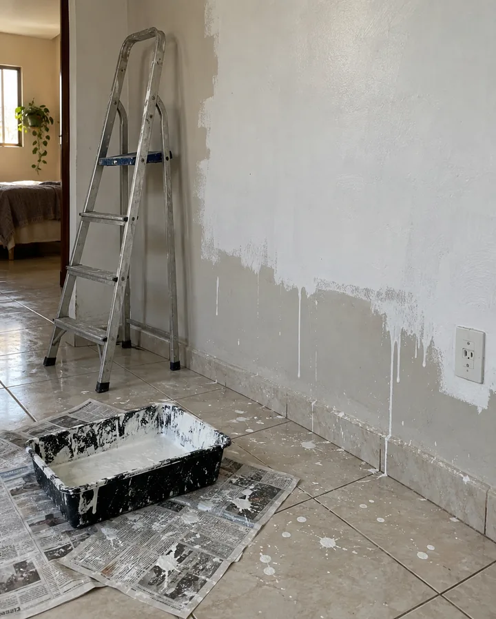 Bandeja de tinta no chão com respingos e uma escada ao lado
